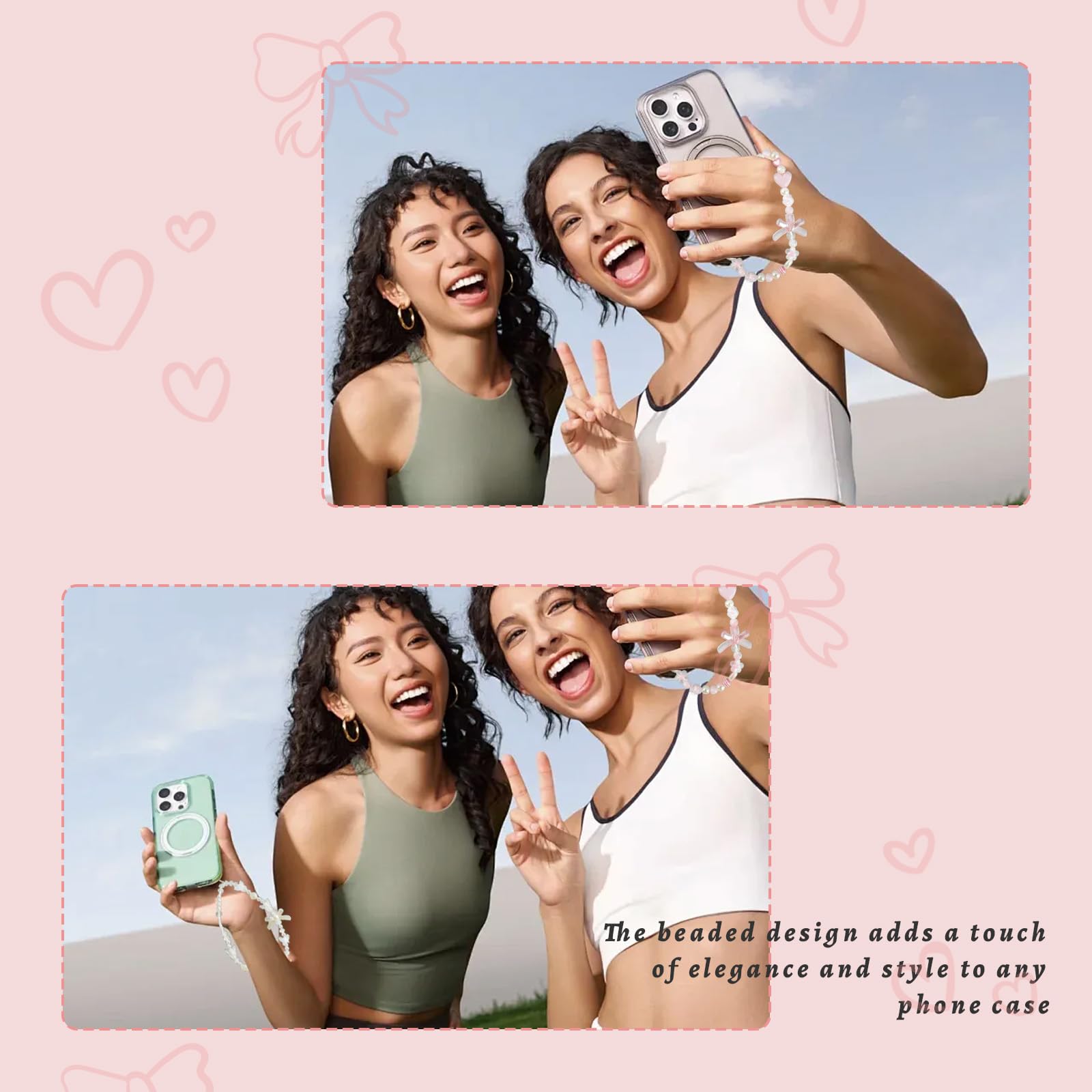 Pink Beaded Phone Wrist Straps, Y2K Phone Case Charms Camera Charm Strap, Lanyard Keychain Wristlet Aesthetic Cellphone Charm