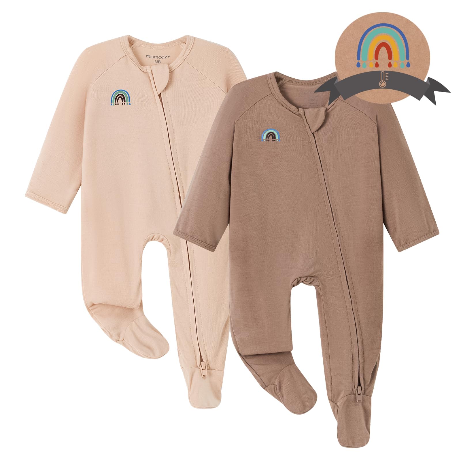 Photo 1 of Momcozy Unisex Baby Pajamas, Baby-Temp Monitoring Double Zipper Boy Girl Sleepers Rompers Footie, 2 Pack Light Weight Stretchy Viscose Derived from Bamboo Baby Jammies, 0-3 M, Pinkish Grey Brown