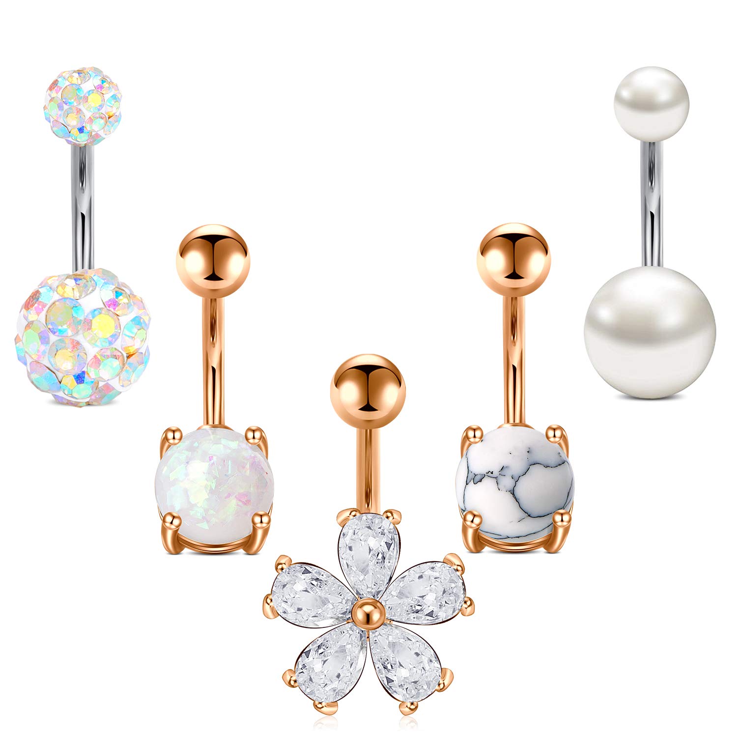 LAURITAMI Belly Bar 14G 10mm Navel Rings Opal, Turquoise, Pearl, Cubic Zirconic Surgical Steel 5pcs