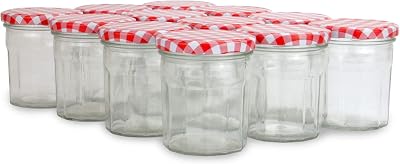 Maison & White Glass Jam Jars Set of 12 Wide Mouth 324ml Red Lids