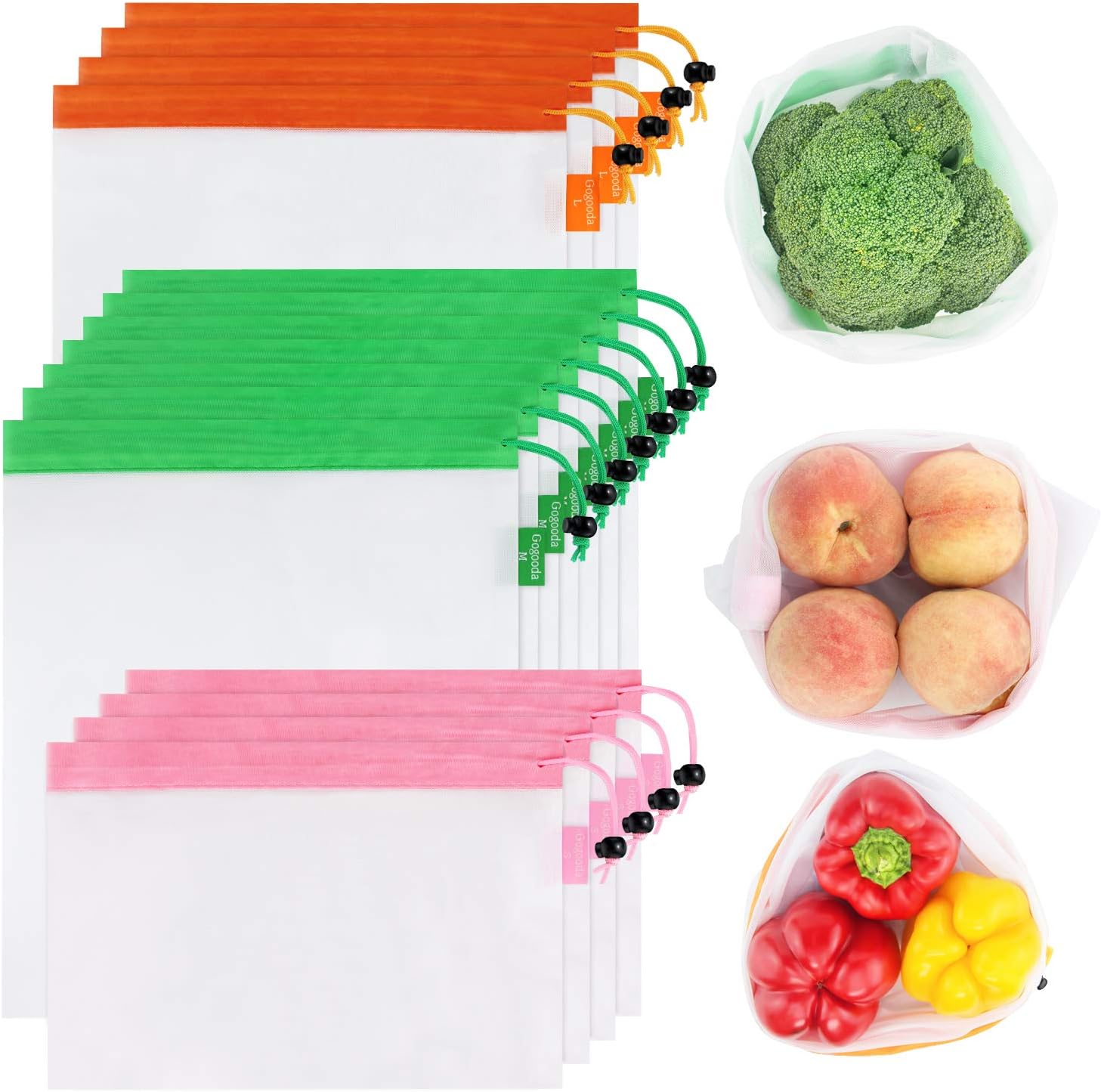 GOGOODA, 3 Size Lightweight Washable and See Through Mesh Produce Bags with Drawstring, Toggle Tare Weight Tag, Color Band for Easy to Pick, 4 Large 7 Medium &4 Small, Orange Green and Pink