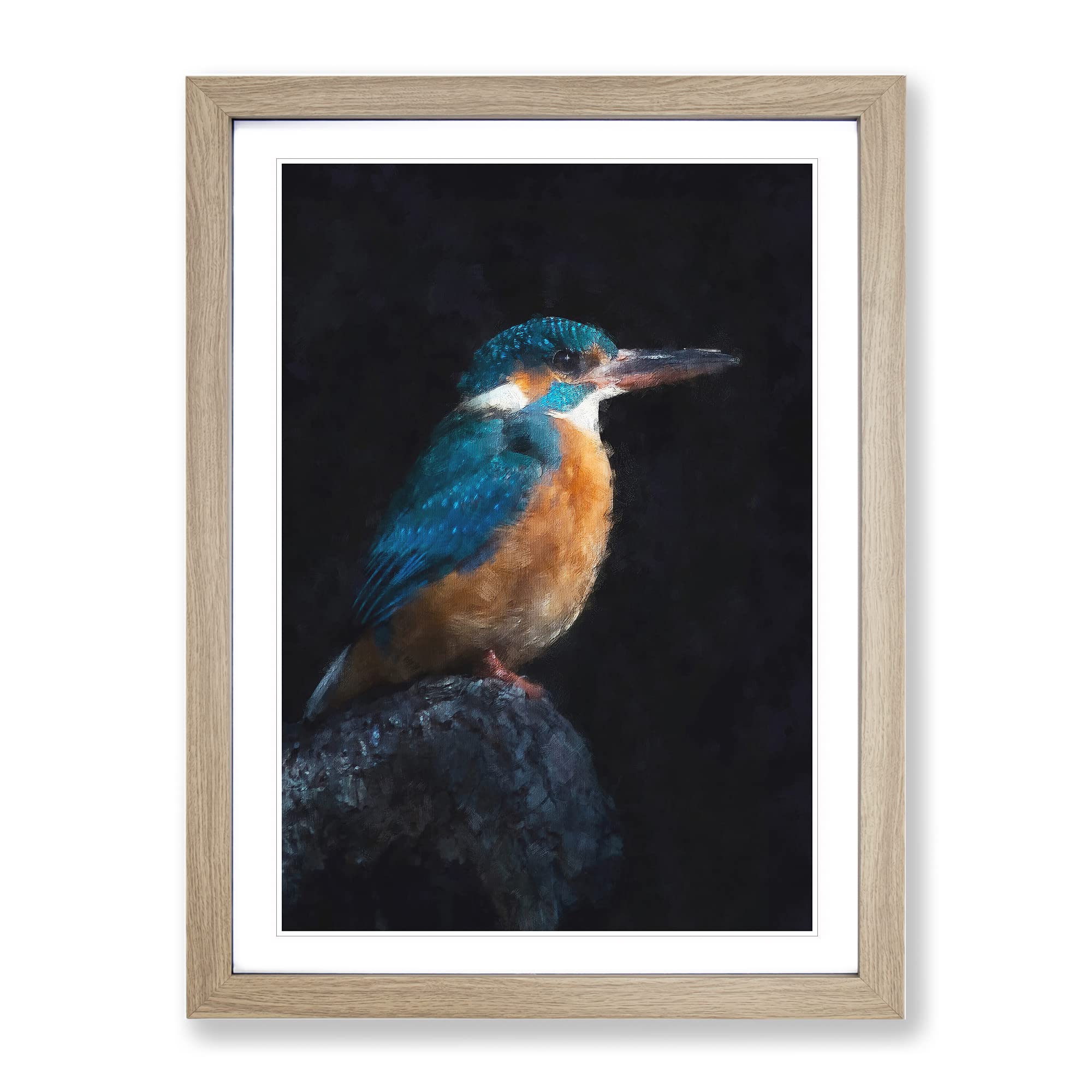 Kingfisher Bird Painting Modern Framed Wall Art Print, Ready to Hang Picture for Living Room Bedroom Home Office Décor, Oak A4 (34 x 25 cm)