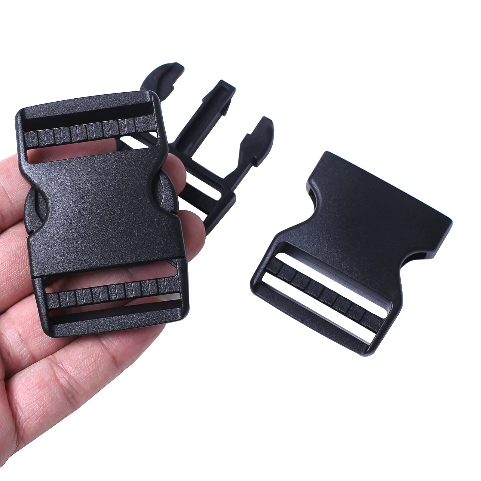 Photo 1 of J.CARP 4 Pack 1.5" Wide Quick Side Release Buckles, Dual Adjustable No Sewing Slide Clips Snaps, Heavy Duty Plastic Replacement for Nylon Strap Backpack Nylon Webbing Belt Fanny Pack Pet Dog Collars