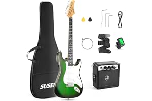 SUSEN Electric Guitar, 39 Inch Solid Full-size Electric Guitar S-S-S Pickups Starter Kit Includes Amplifier, Bag, Digital Tuner, Strap, String, Cable, Picks，Mini AMP（Green (Green)