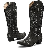 LingxiaUne Cowboy Boots for Women, Mid Calf Cowgirl Boot Rhinestone, Comfortable Chunky Heel Western Boot with Glitter, Sparkle Boot for Dressy Woman