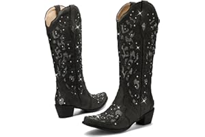 LingxiaUne Western Cowboy Boots with Wide Calf Cowgirl Boots Women Sparkly Rhinestone Wedding Boots Trendy Vintage Tall Glitter Boots with Embroidery and Chunky Heel for Daily Wearing|Office|Party