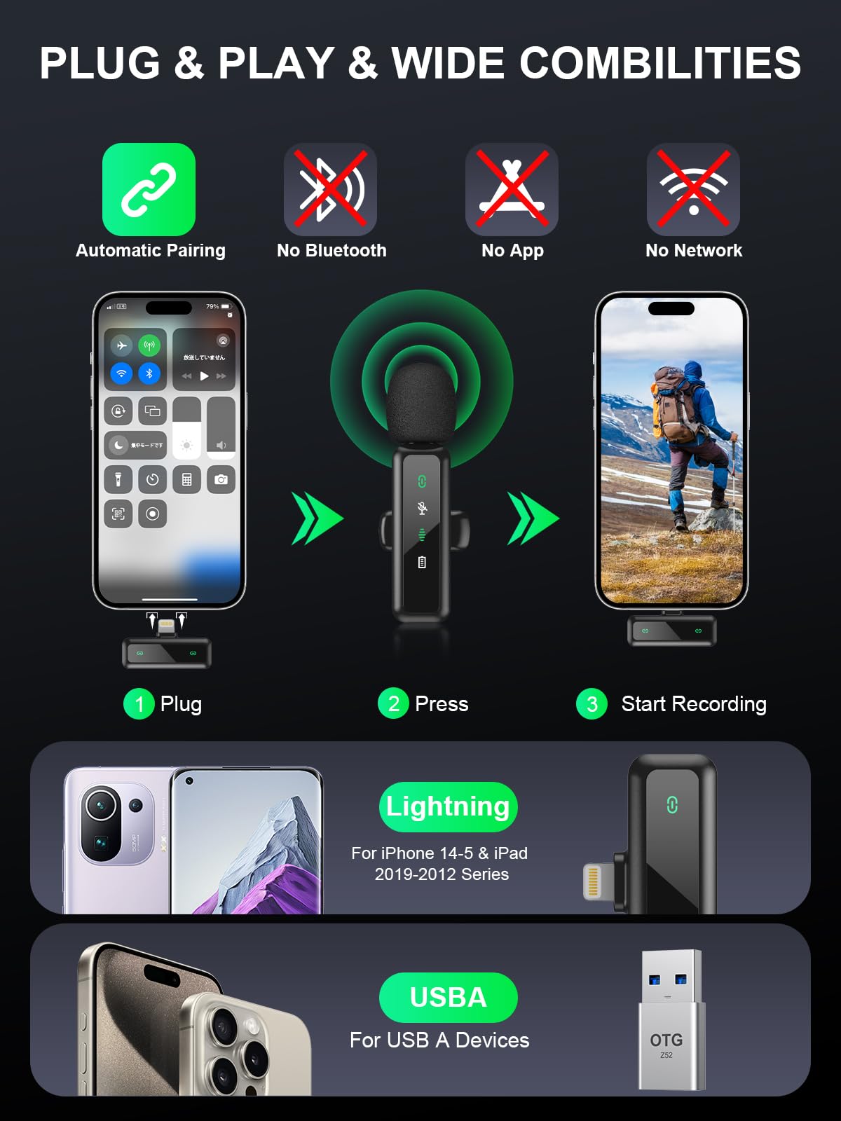 Wireless Lavalier Microphone for iPhone 5-14 Series, LED Display Mini Lav for iPhone with Noise Cancelling, Lapel Mic Wireless 2 Pack for Content Creator Video Recording, Vlogging (Lightning Only)