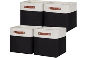 HNZIGE Foldable Storage Basket set,Fabric Storage Baskets for Shelves,Linen Closet Organizers (4 Pack) Storage Baskets,11x11 Storage Basket for Books,Clothes,Gifts with Handles(White&Black)