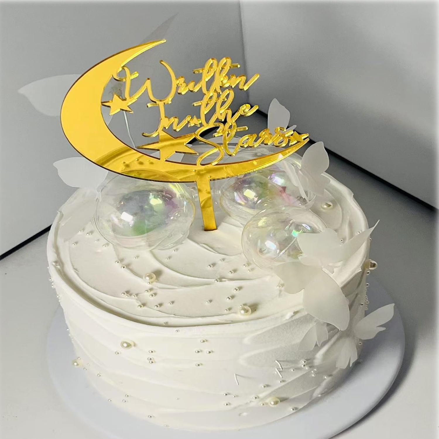 Photo 1 of Written in the Stars Moon Cake Topper, Gold Mirror Acrylic, for Party Decorations Ideas,Engagement,Anniversary,Bachelorette,Pregnancy Announcement Party Decorations