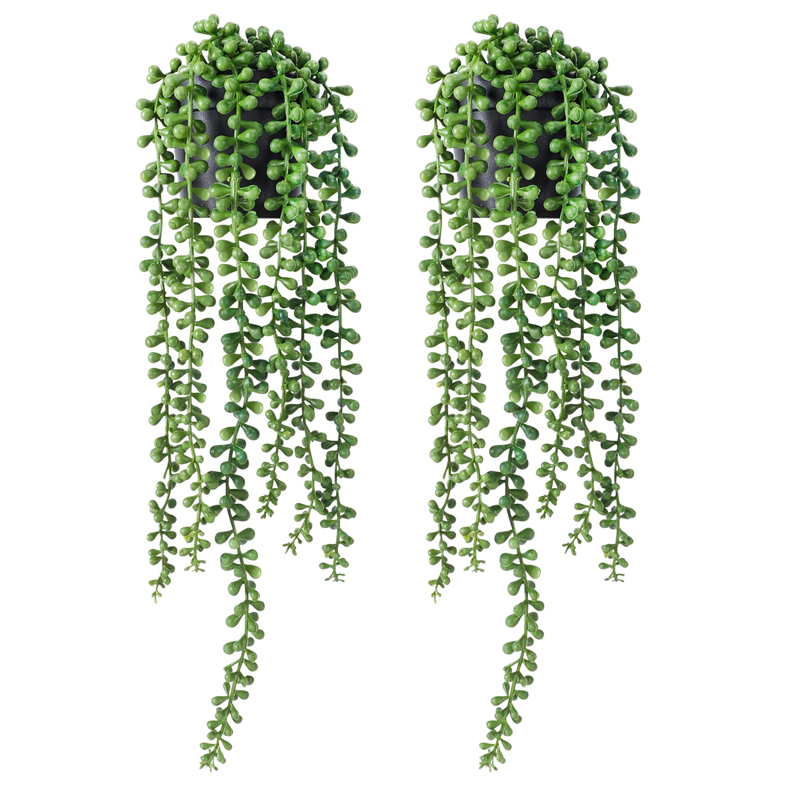 Photo 1 of FUNARTY 2pcs Fake Plants Indoor Artificial String of Pearls Plant in Black Pots, Realistic Green Fake Hanging Plants for Shelf Decor Desk Home Garden Decorations