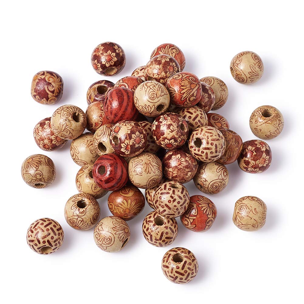 PandaHall 50Pcs Round Printed Macrame Wooden Beads 16mm Large Hole Loose Spacer Wood Beads for Jewelry Craft Making(Random Mixed)