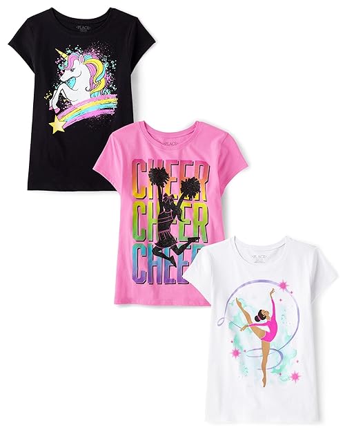 The Children's Place,Girls,Sports Short Sleeve Graphic T-Shirts,Multipacks,Unicorn Rainbow/Cheer/Dancer 3-Pack,Medium