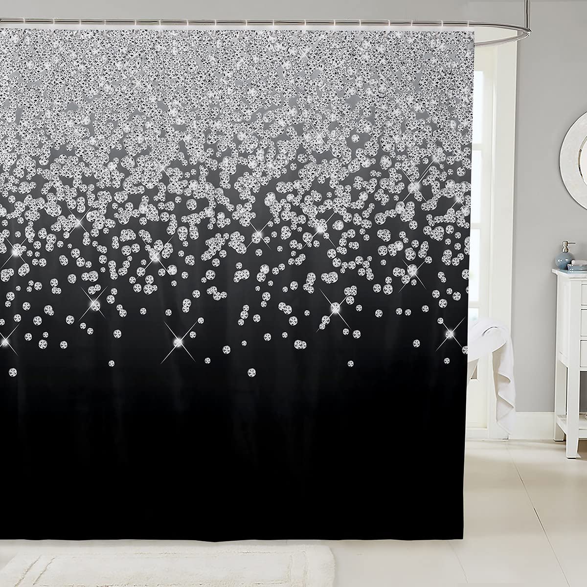 Loussiesd Silver Glitter Bath Curtain (No Glitter) Bling Partyations Shower Curtain Diamond Black Bathroom Fabric Shower Curtain Set for Stalls Bathtubs Waterproof Curtains Stalls Bathtubs 59x71 Inch