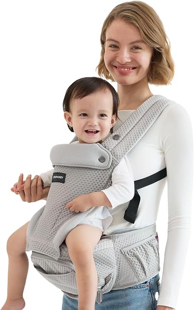 Momcozy Baby Carrier with Hip Seat Air Mesh Grey 5-36 Months 3.2-15kg