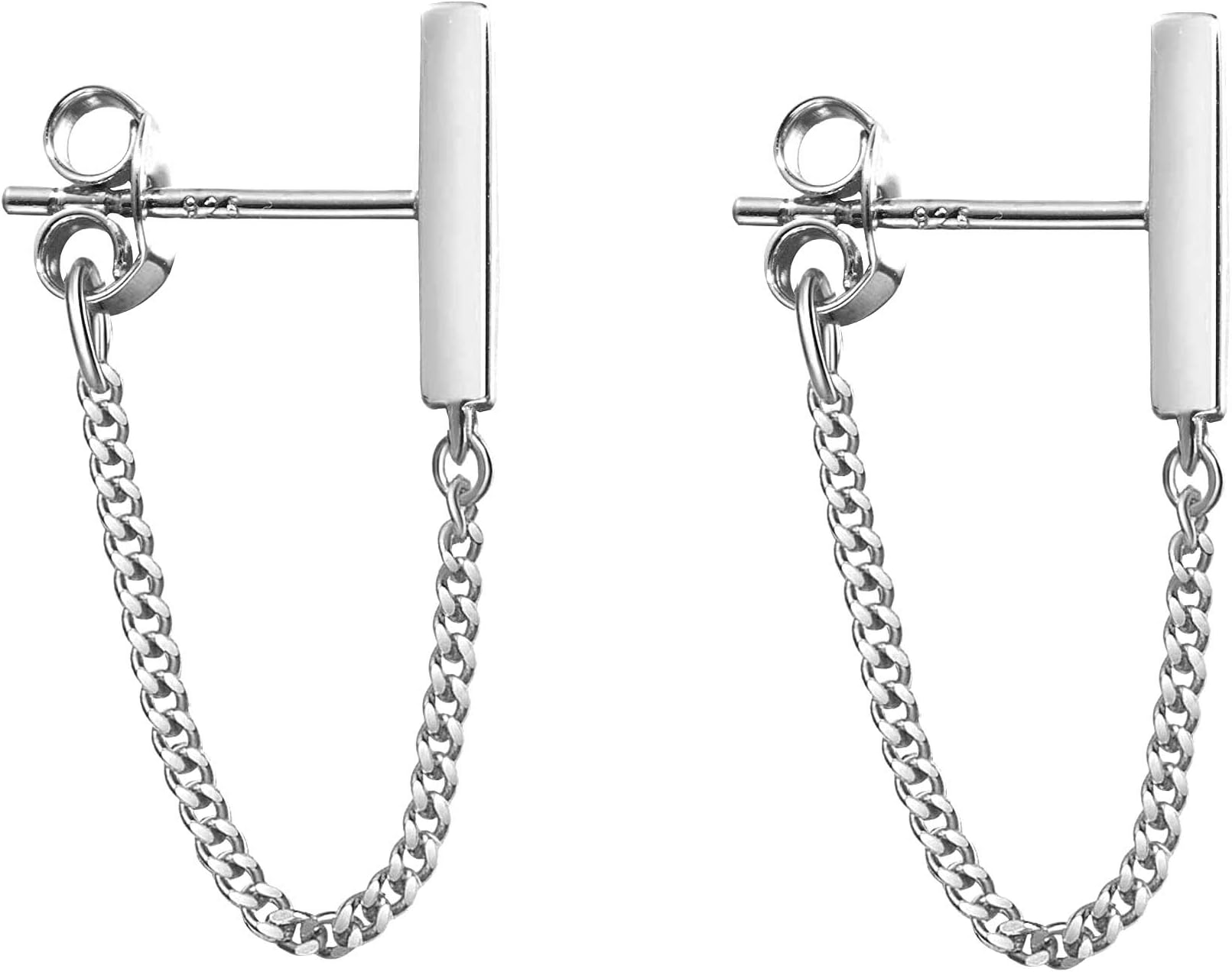 Reffeer 925 Sterling Silver Stud Earrings Minimalist Bar Earrings with Chain Dangle Earrings For Women