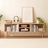 Baveke Bamboo TV Stand Entertainment Center- Mid-Century Modern Television Stand for 55-65 inch TVs, Bamboo Media Console Table, Open Storage Shelves for Living Room, Bedroom and Home Decor