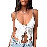 Women's Sexy Lace Up Padded Camisoles Spaghetti Straps V-Neck Ruffle Crop Tops Y2K Cami Shirt Streetwear