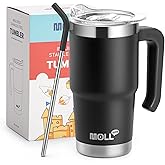 Mollcity Travel Coffee Mug with Handle-16 oz Stainless Steel Vacuum Insulated Tumbler with Lid and Straw-Reusable Metal Cup with Silicone Pad, Leak Proof-BPA Free (Black)