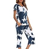 ENJOYNIGHT Women's Tie Dye Pajamas Sets Lounge Short Sleeve Top with Capri Pants Sleepwear 2 Piece Set