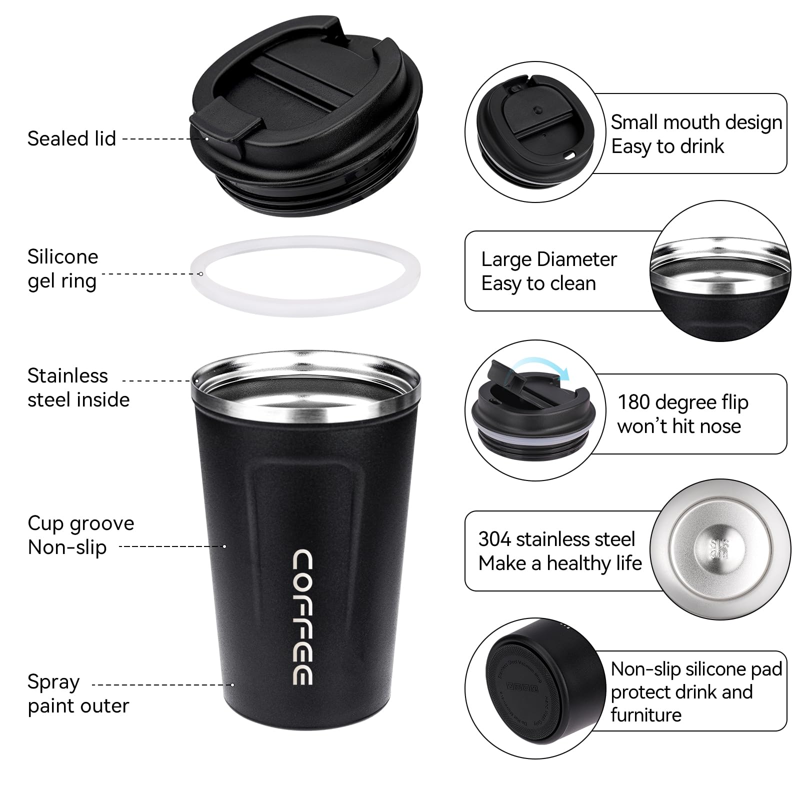 ERBO Kaffeebecher to go, Thermobecher Edelsthal, Auslaufsicher Kaffeetasse Kaffeebecher mit Deckel, Kaffeetasse Thermobecher für Unterwegs Umweltfreundlich, Schwarz 380ml 3