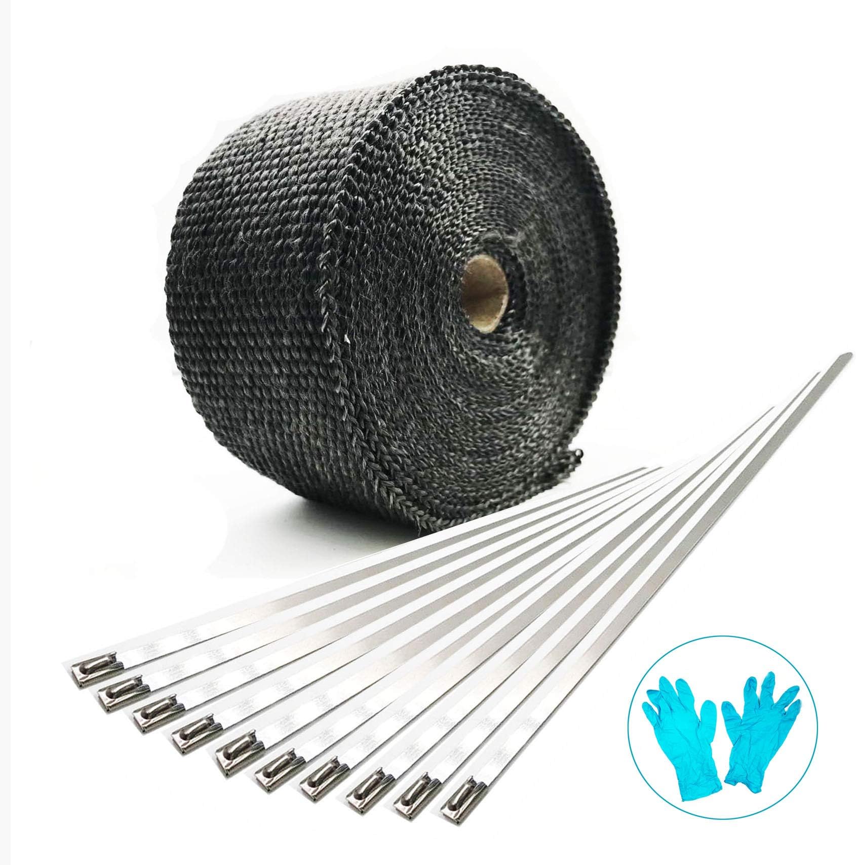 BLUERICE2" x 50' Fiberglass Exhaust Heat Wrap Roll Fireproof Heat Shield Tape with 10pcs 11.8 Inch Metal Locking Zip Ties for Motorcycle