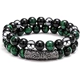 2Pcs Triple Protection Bracelet,Natural Tigers Eye Black Obsidian and Hematite 8 MM Beads Bracelet for Men Women Gift, Healing Crystal Bracelet Bring Luck and Prosperity and Happiness