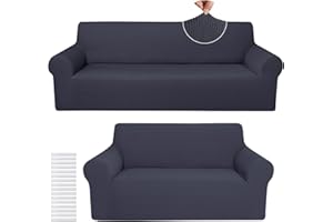 Peryiter 2 Pcs Sofa Covers Loveseat Couches Covers for Living Room Slipcover Set Furniture Protector for Couch Arm Chair, Form Fit Stretch, Wrinkle Proof(Dark Gray,Polyester Spandex Blend)