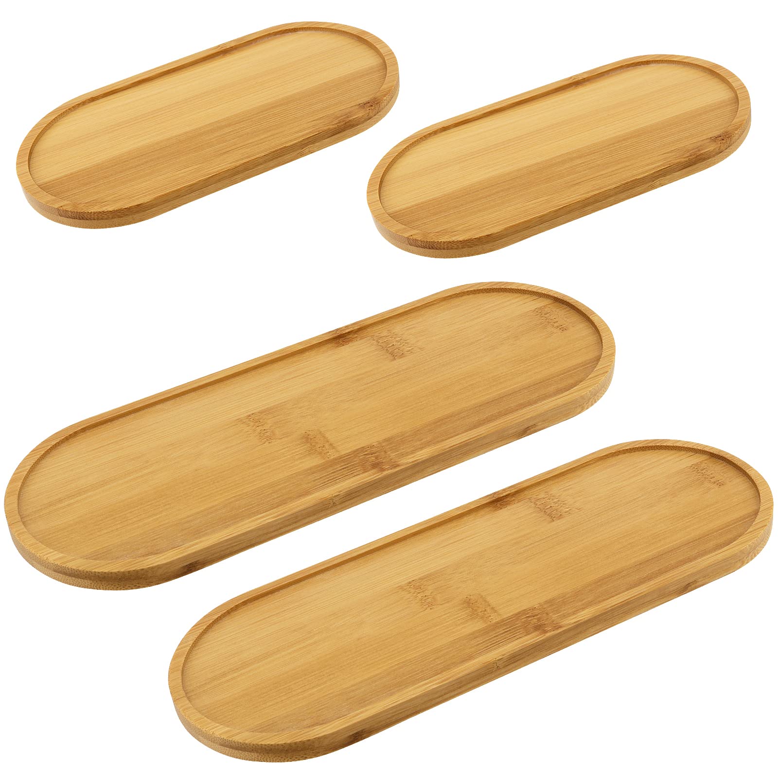 ZOENHOU 4 PCS Oval Bamboo Trays, 2 Sizes Wood Serving Plate Small Tea Trays, Solid Wood Serving Platter Wooden Tray for Tea or Coffee, Coaster, Dessert, Succulent Tray, 17.5x 8.8CM & 28 x 10CM