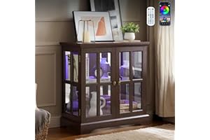 CKEASEAN 32" H LED Accent Curio Cabinet with 7 Color Lights for Collectibles, Modern Storage Cabinet with Tempered Glass Doors, Sideboard Buffet Case with Smartphone-Controlled Lights (Dark Cherry)