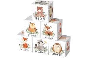 Vertintong 6 Pcs 1.6 Inch Inspirational Woodland Nursery Decor Animals Wall Decor Stuff Wooden Forest Animals Bear Raccoon Lion Fox Block Safari Creature Table Decoration(Woodland)
