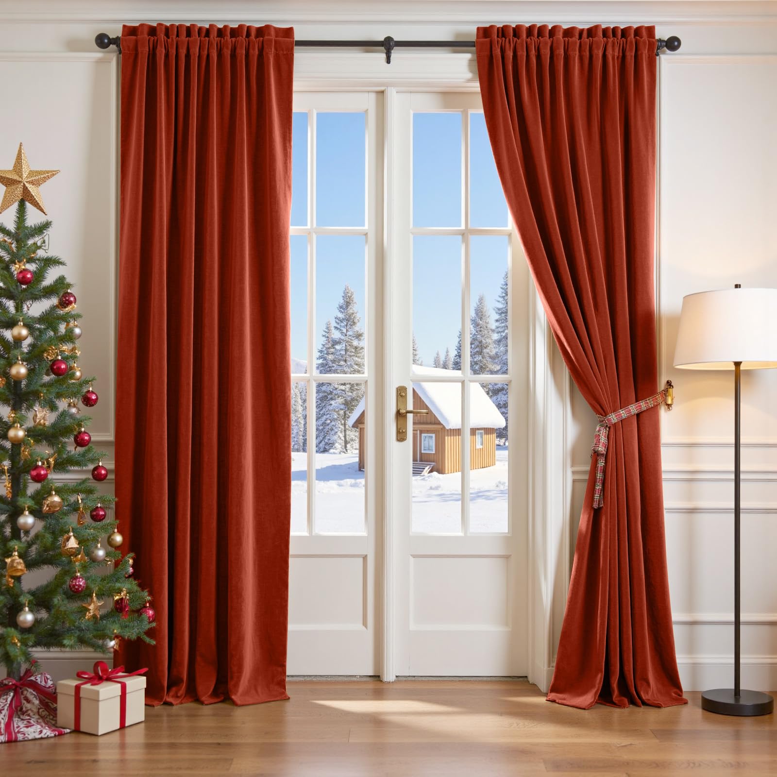 Lazzzy Velvet Blackout Curtains Thermal Insulated Room Window Drapes Super Soft Luxury Curtains for Living Room Bedroom Rod Pocket 2 Panels, Rust Red, 52" W x 90" L Image