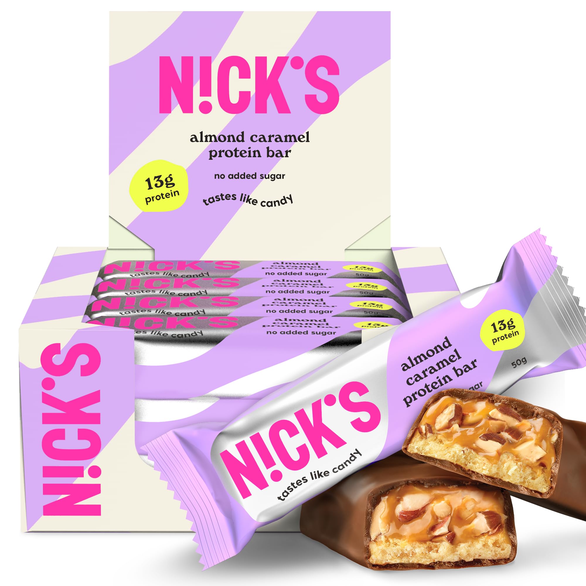 NICKS Keto Protein Bar Almond Caramel, 13 g Protein, 201 Calories, Low Carb Chocolate Snacks No Added Sugar Gluten Free (12 x 50 g)