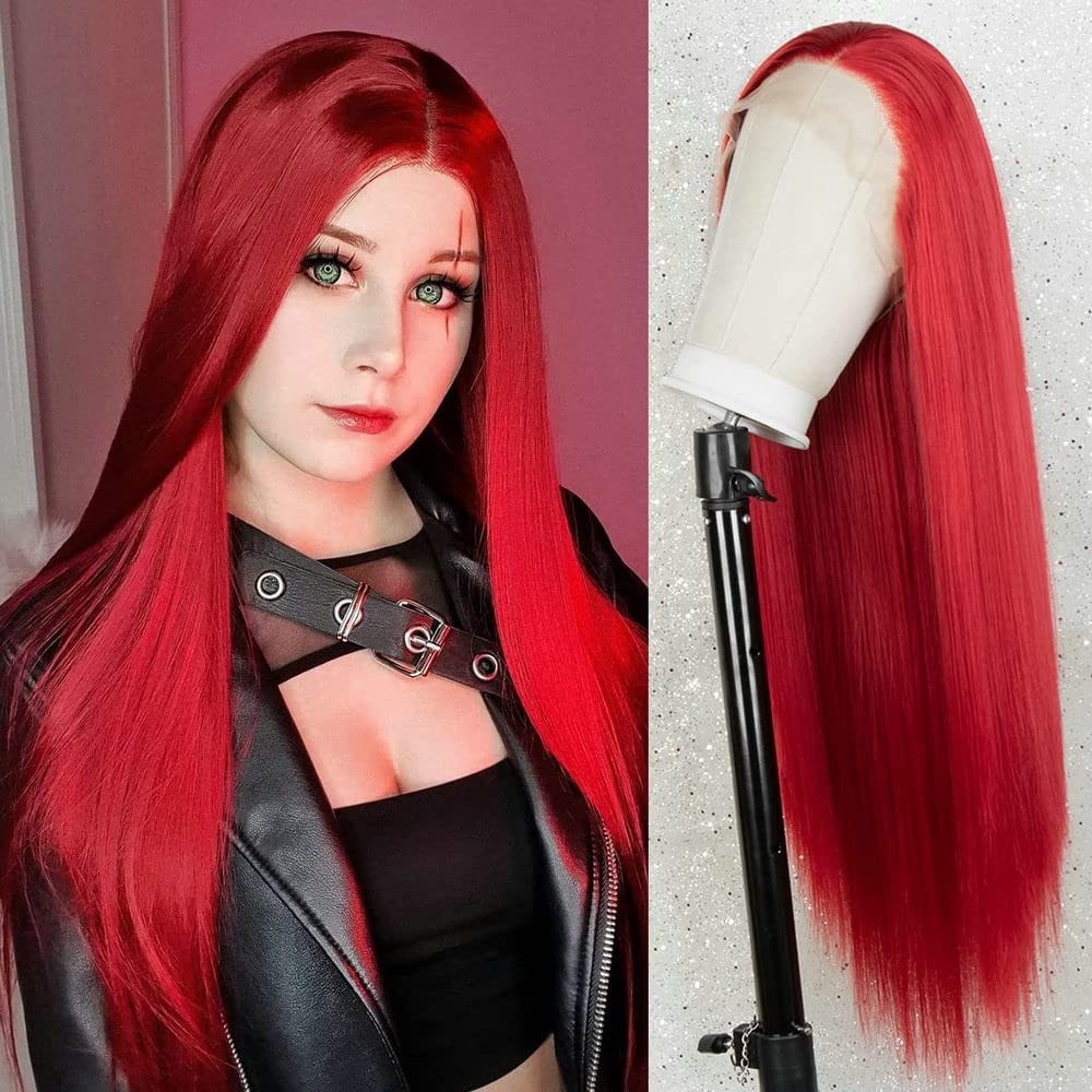 Xiweya Long Silky Straight Hair Wig For Women Long Red Lace Wigs Heat Resistant Fiber Long Soft Synthetic Lace Front Wigs Middle Part Cosplay Wig โ image 1
