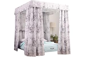 Mengersi Marble Canopy Bed Curtains for Adults Bed Drapes Sheer Cover Bedroom Decoration (Full, White Marble)
