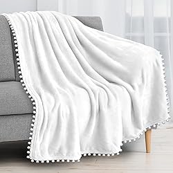 PAVILIA White Throw Blanket Pom Pom for Couch, Twin