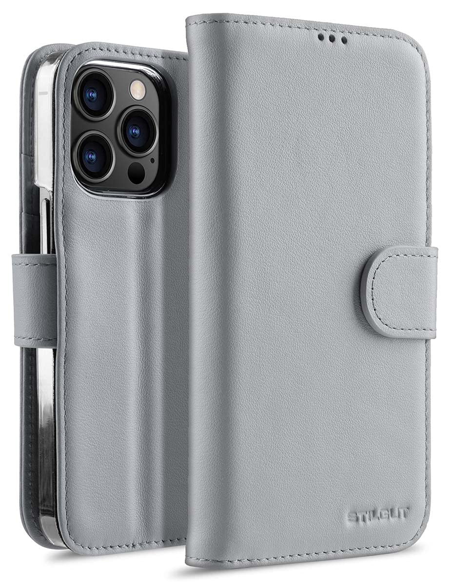 STILGUT Talis Compatible with iPhone 13 Pro (6.1 Inch) Leather Case with Card Slot, Flip Cover, Wallet Case, Mobile Phone Case with Compartments, Stand Function & Closure, Grey Nappa