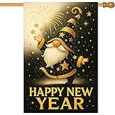 HOMETITUTE Happy New Year House Flag 28x40 Inch Double Sided Garden Flag Gold and Black Gnome Fireworks Star Celebration Design Winter Holiday Yard Banner Large Outdoor Flag for Porch Lawn Decoration