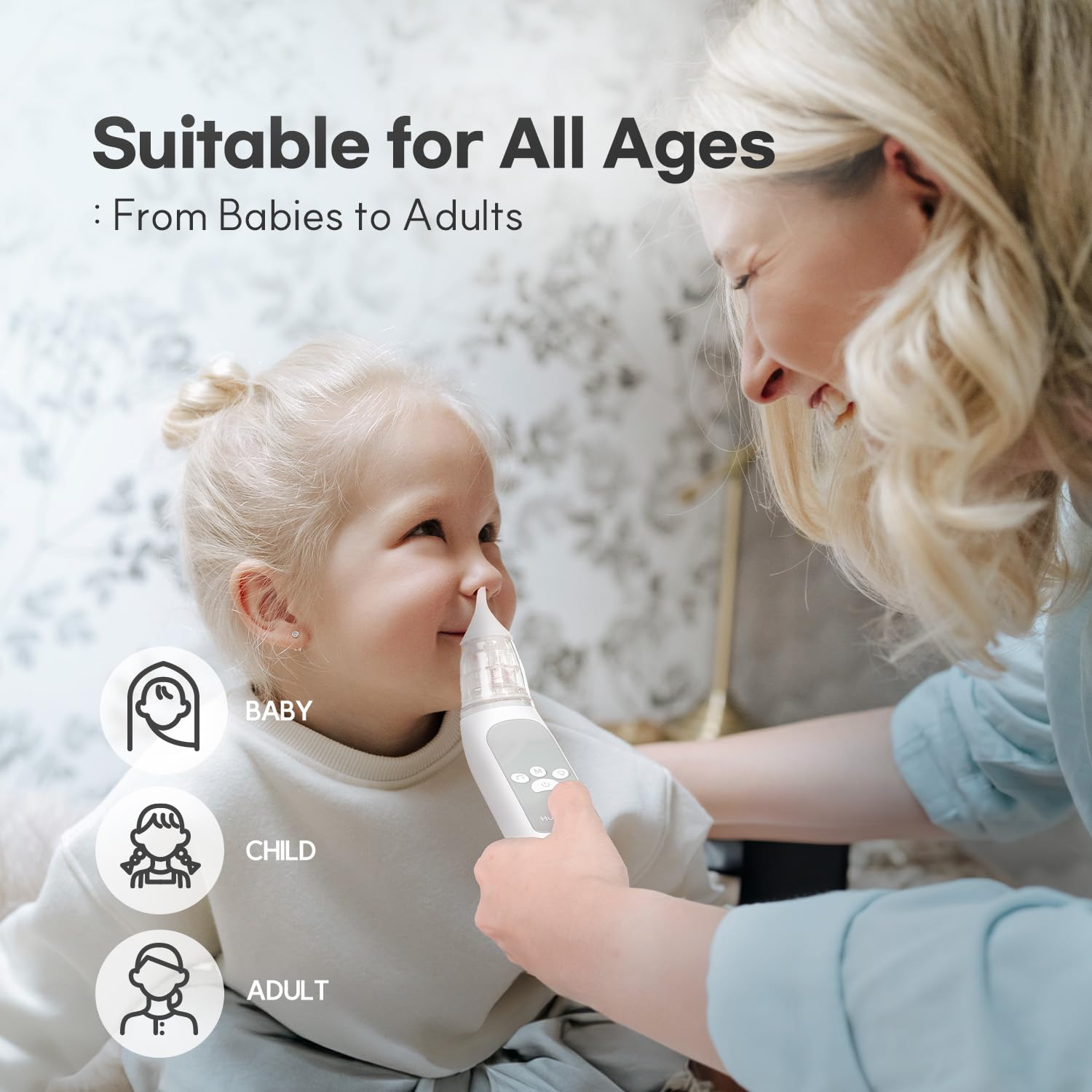 HubiBaby Nasal Aspirator for Baby, Electric Nose Aspirator, Nose Sucker, Automatic Nose Cleaner with 3 Silicone Tips, Adjustable Suction Level, Music and Light Soothing Function - FSA/HSA Eligible