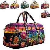 Hippie Van Quilted Duffle Bag, Boho Travel Weekender Bag with Adjustable Strap, Retro Style for Everyday Travel (#06, Large (18"x9"x9"))