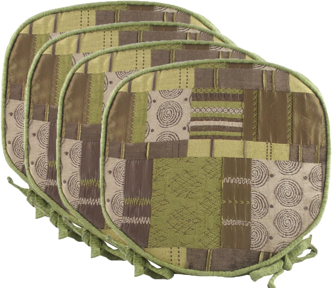Luxury Morocco Green Patchwork Chenille Seat/Chair Pads/Cushions With Piped Edging And Zipped Covers (4 x Seat Cushion)