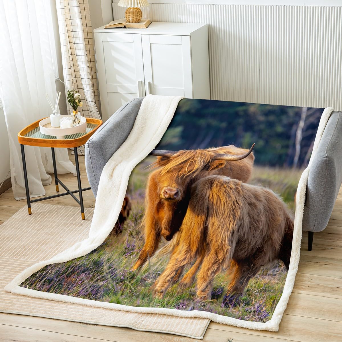 Cow Throw Blanket A Highland Cow Standing on a Grassy Slope Bed Throws for Kids 3D Animal Theme Flannel Fleece Blanket for Couch Sofa Cozy Luxury Bed Blanket, Baby Size (30 x 40 Inches) — image 1