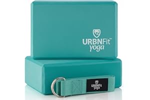 URBNFit Yoga Blocks 2 Pack - Sturdy Foam Yoga Block Set with Strap for Exercise, Pilates Workout, Stretching, Meditation, Stability - High Density Non Slip Brick, Fitness Accessories
