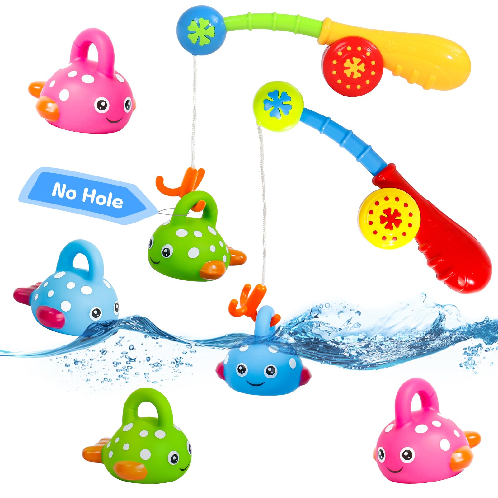 Bath Toys Fishing Game for 2 3 4 Year Olds Toddler Kids, No Hole No Mould Paddling Pool Toys with 2 Toy Fishing Rod 6 Fishing Toys, Baby Shower Bath Toys Water Play Garden Games for Kids Girls Boys