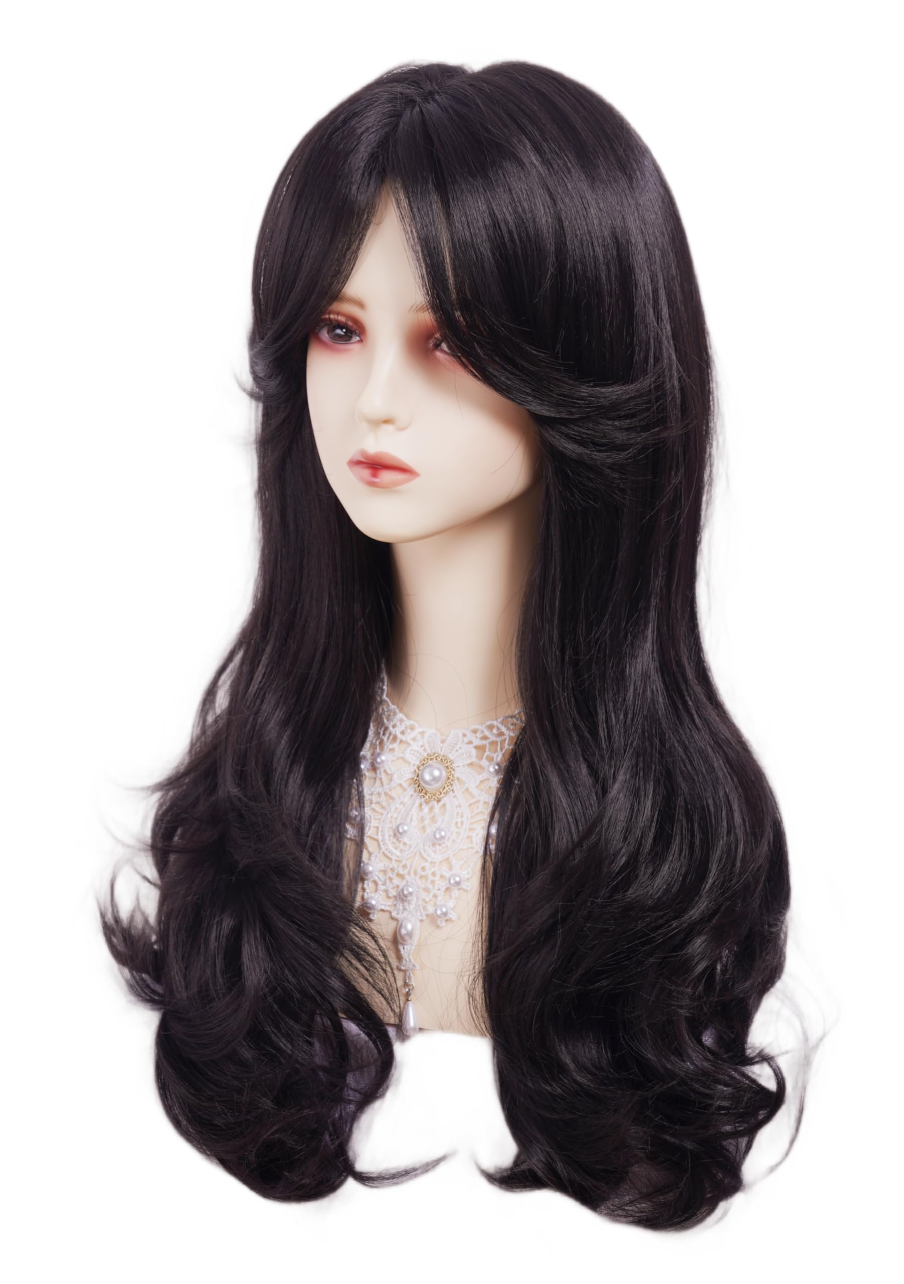 Photo 1 of Gerulyss Black WIg for Women Long Wavy Wigs with Bangs Layered Synthetic Fluffy Wig Halloween,Costume,Cosplay,Daily Use