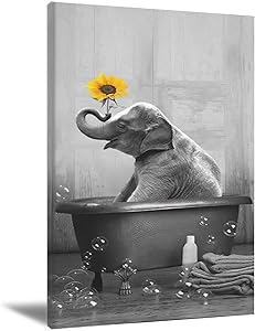 Elephant Wall Art Sunflower Poster Abstract Canvas Painting Funny Animals Wall Decor Yellow Sunflower Wall Art Black And White Painted Picture Frameless for Bathroom Decorations 16X24Inch