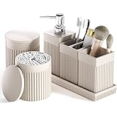 InnJoey 6-Piece Beige Bathroom Set - Sleek Resin Bathroom Accessories Set with Soap Dispenser, Toothbrush Holder, Vanity Tray, Tumbler & Apothecary Jars for Small Spaces