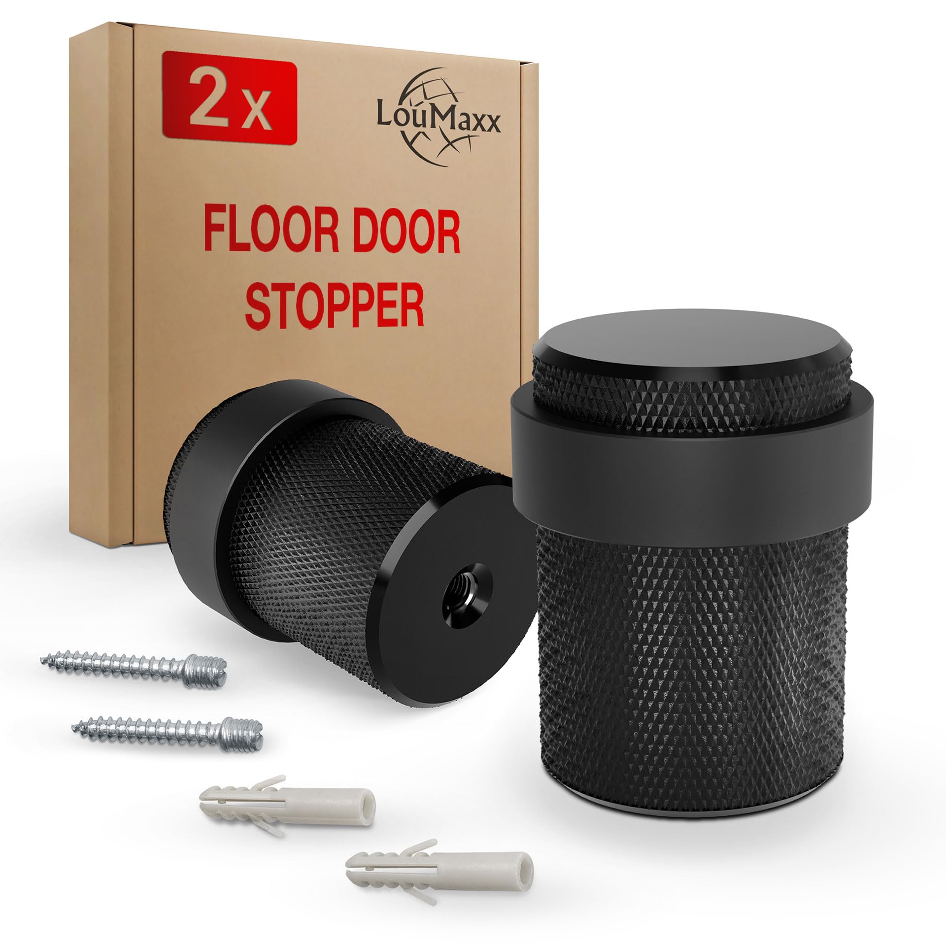 LouMaxx Door Stop Floor Metal for Screwing - Set of 2 Door Stoppers in Matte Black - Door Stopper Floor Screws - Door Stopper for Screwing Also Suitable for Solid Doors