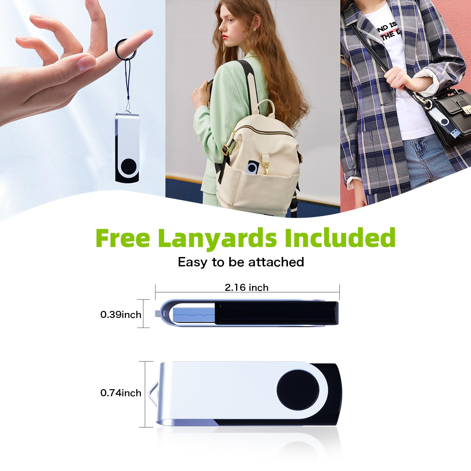 64GB Flash Drive 10 Pack, Wooolken USB 2.0 Thumb Drive Bulk Pen Drive Metal Swivel Memory Stick 64GB 10 Colors Multipack Value Zip USB Drives with Lanyard
