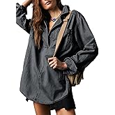 Fazortev Women's Denim Pullover Casual Button V Neck Blouse Loose Fit Long Sleeve Jean Jacket With Pocket