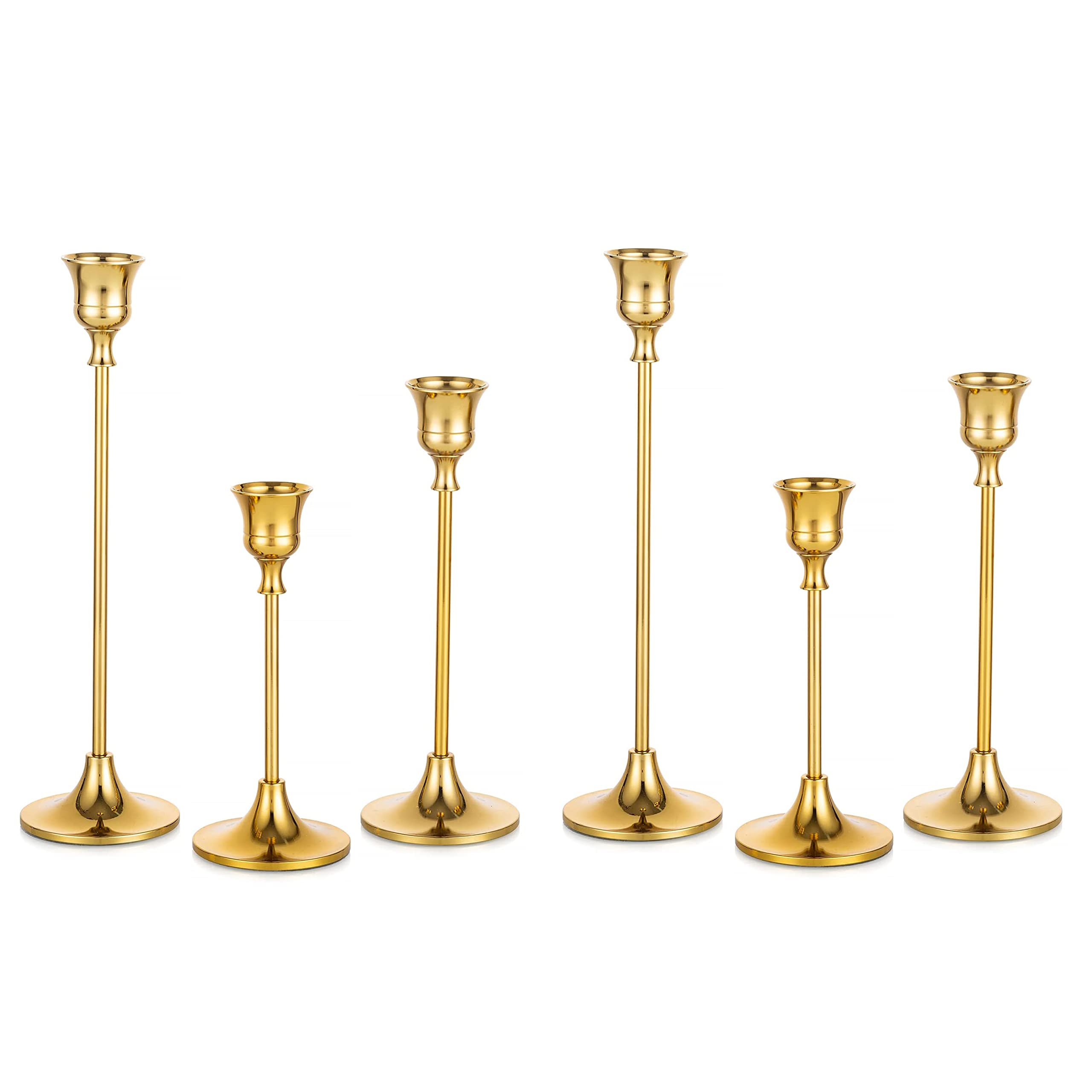 Romadedi Candlestick Holder Metal Gold 2 Set/6 PCS Decorative Candle Holder for Taper Candle for Fireplace Mantel Dinning Table Home Decorations